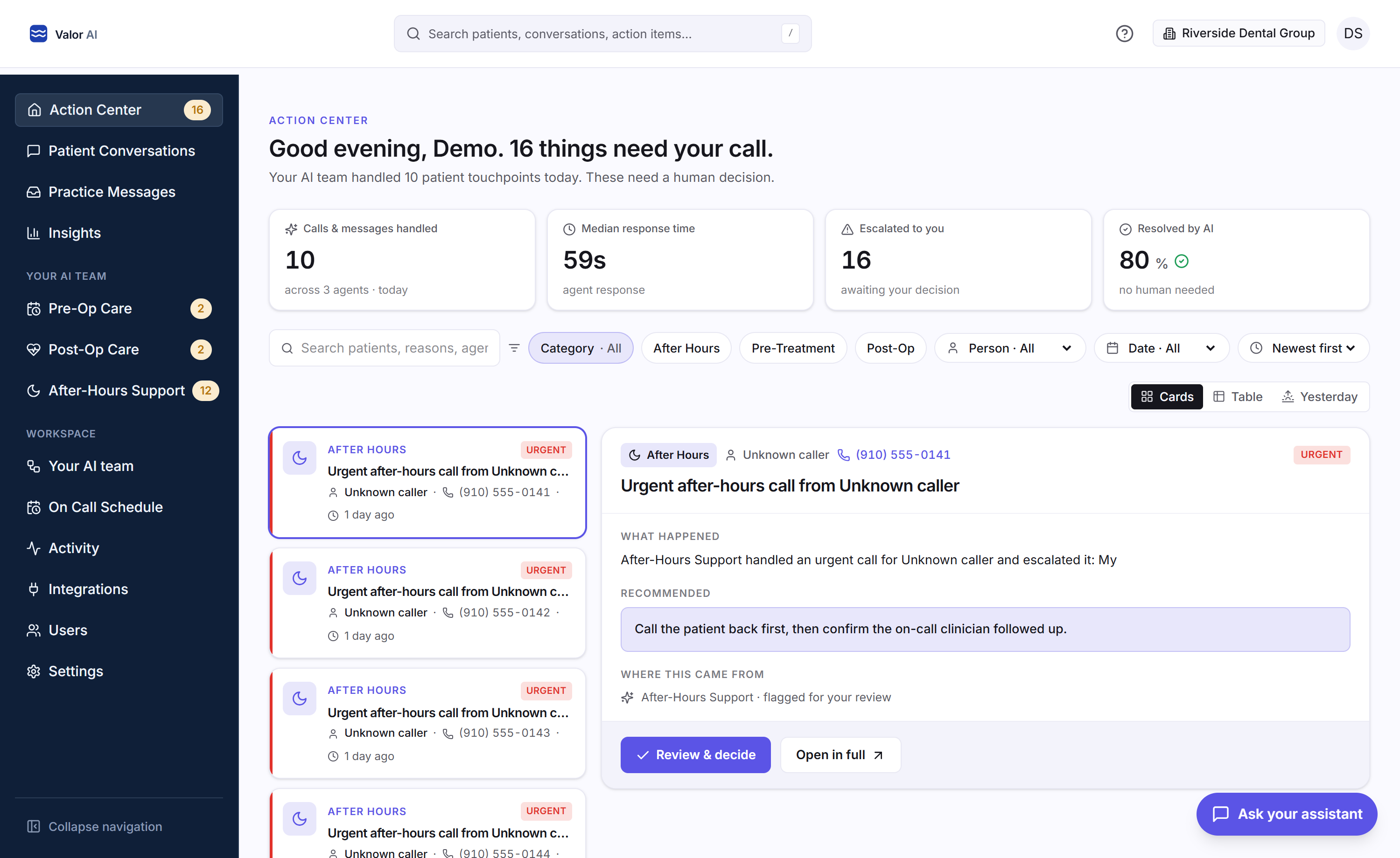 The Valor AI console showing an action centre with overnight activity, response-time metrics, and the handful of items escalated for a human decision.