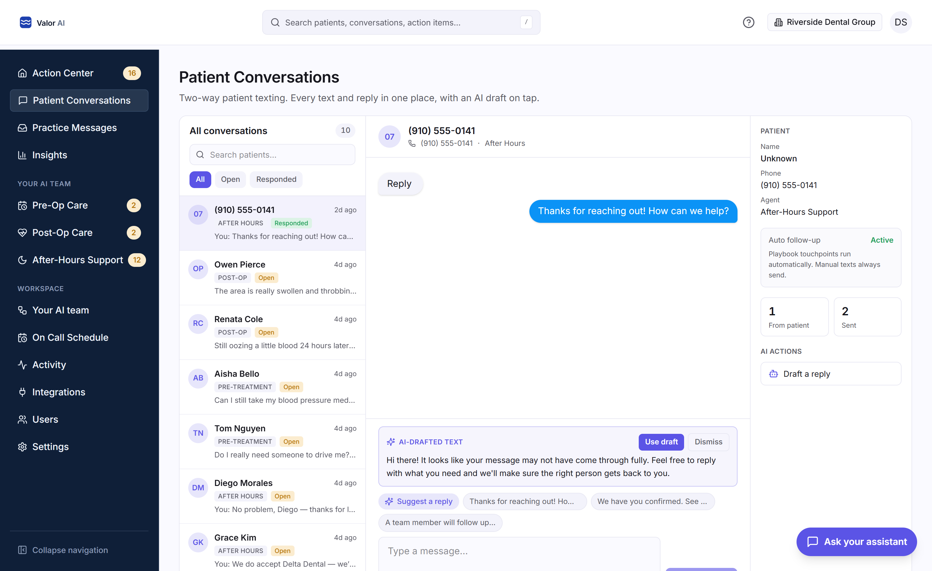 Patient conversation thread with an AI-drafted reply awaiting approval